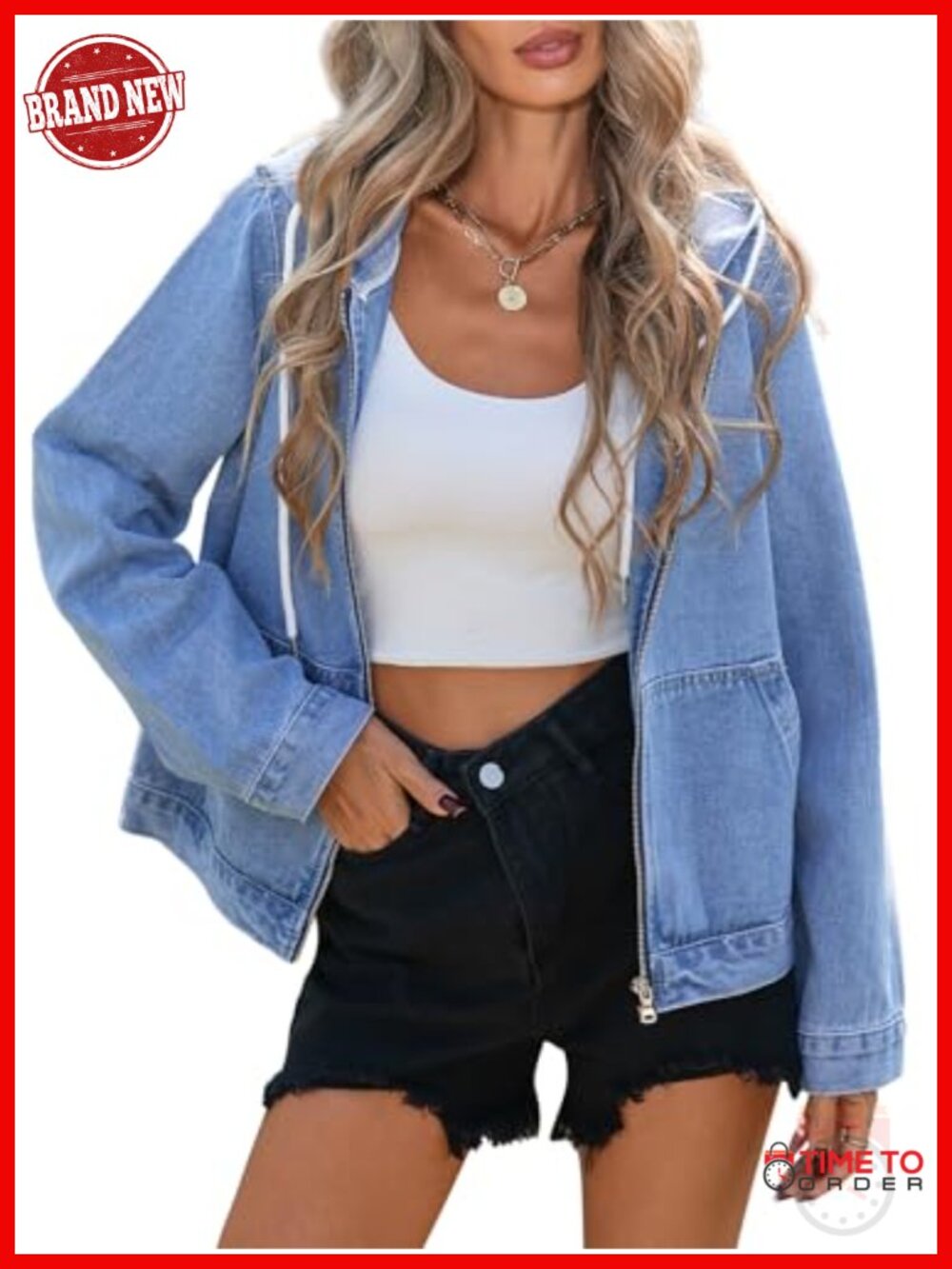 Denim Jacket Long Sleeve Zip Up Drawstring Boyfriend Jean Coat
